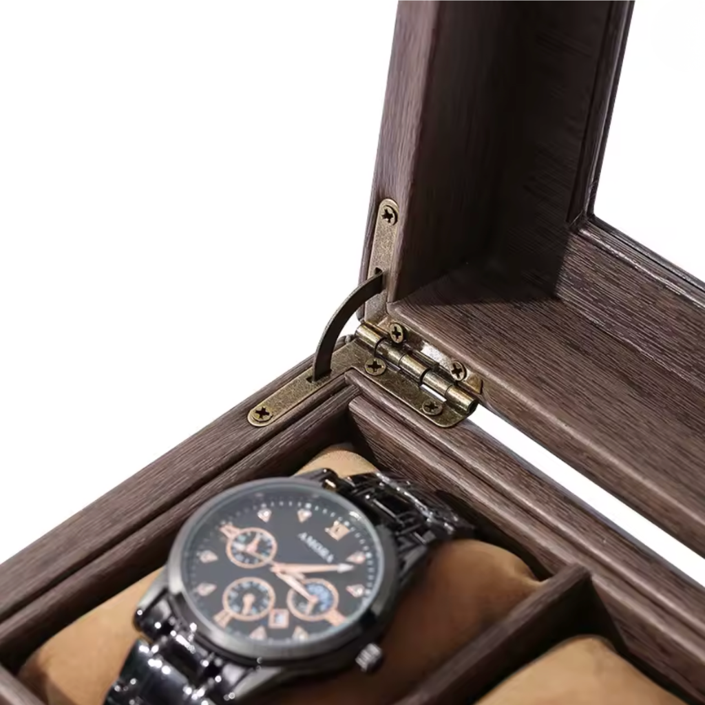 Braune Uhrenbox aus Holz für 6 Uhren