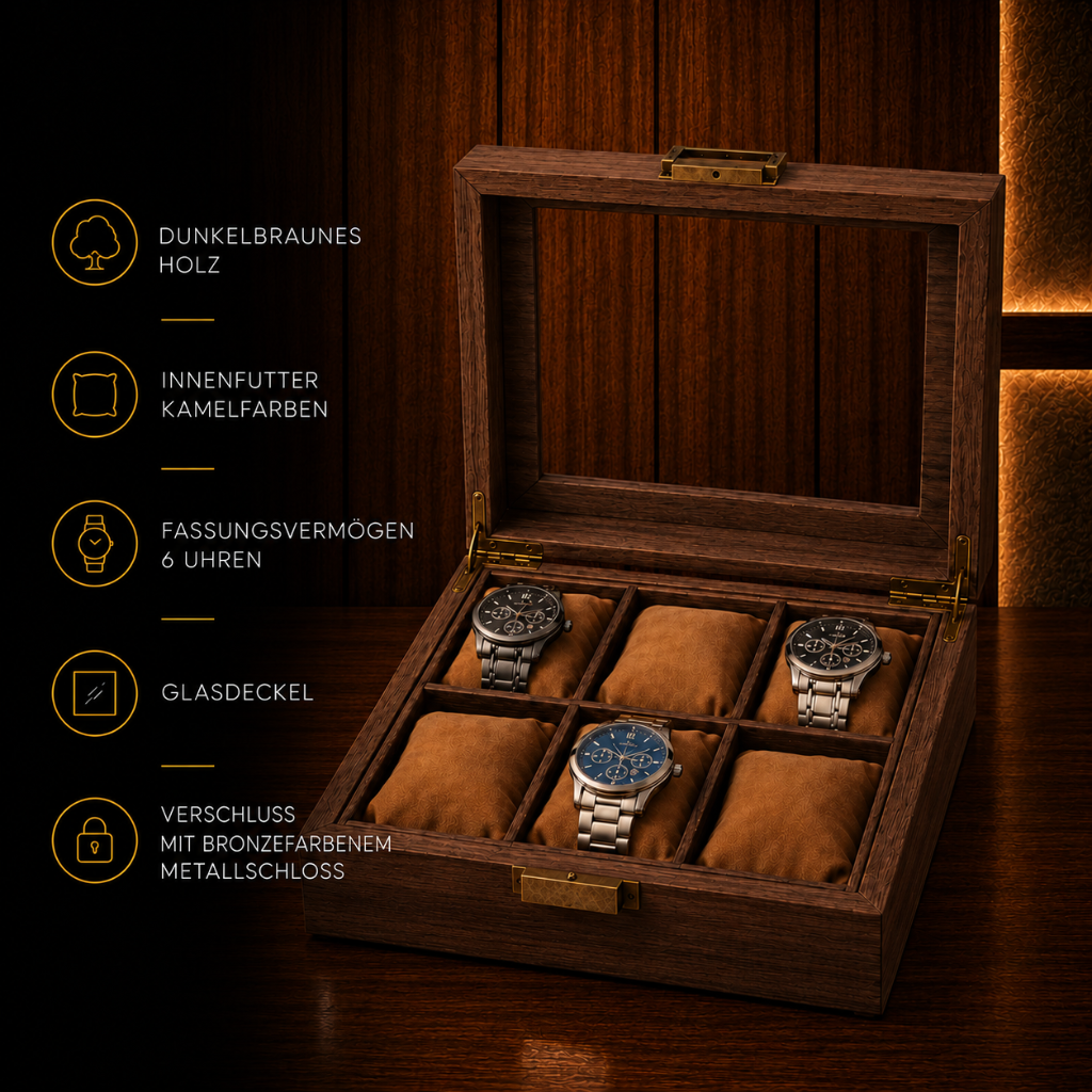 Braune Uhrenbox aus Holz für 6 Uhren