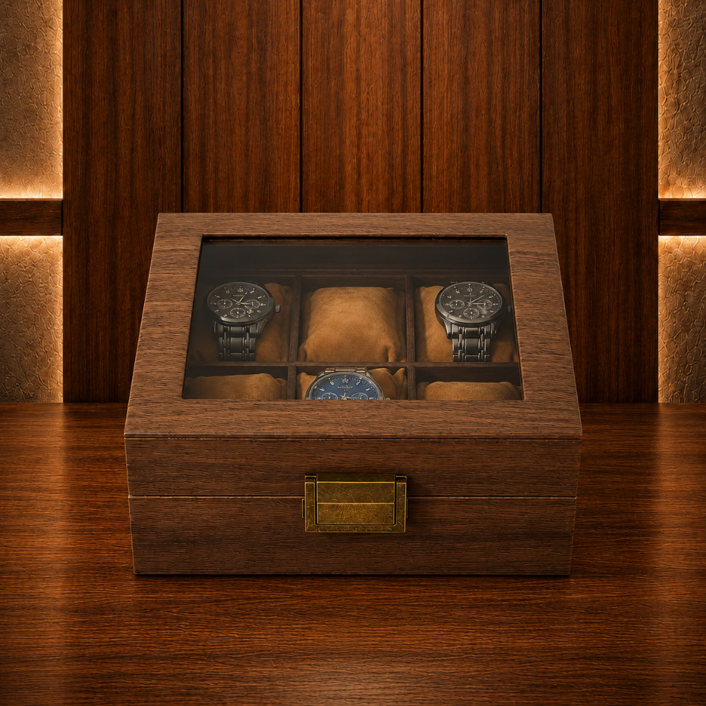 Braune Uhrenbox aus Holz für 6 Uhren